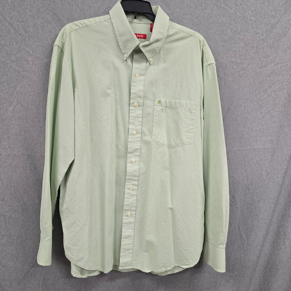 IZOD Mens Large Green White Striped Long Sleeve Button Down Shirt Pocket Logo